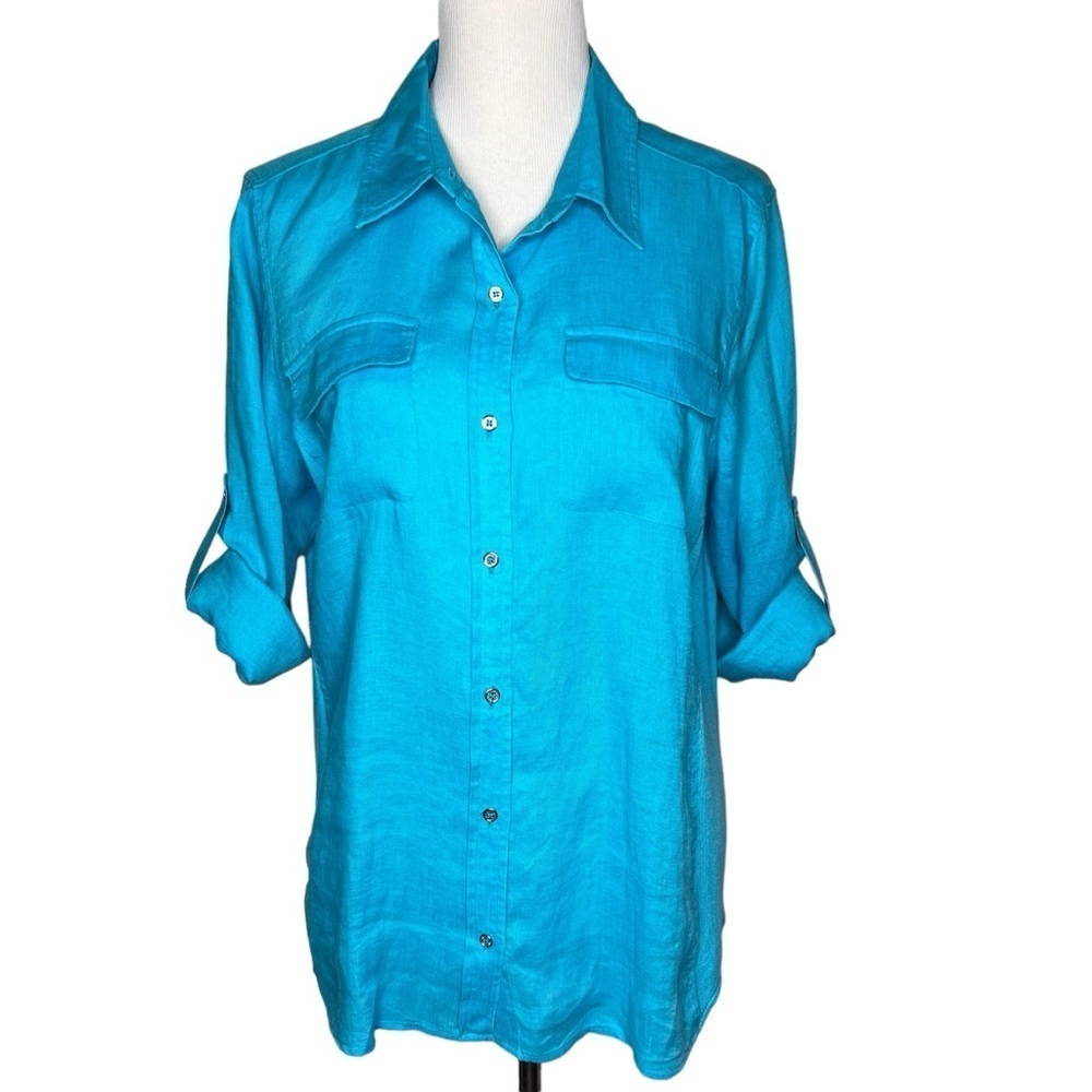 Calvin Klein Teal Blue 100% Linen Long Roll Tab Sleeve Button Up Shirt Size 1X